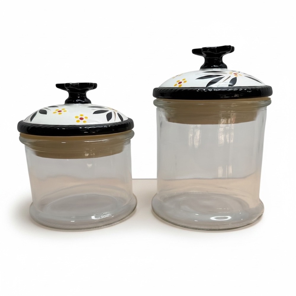 Temp-Tations Old World Black Glass Canister Set 2 Ceramic Airtight Lids Floral